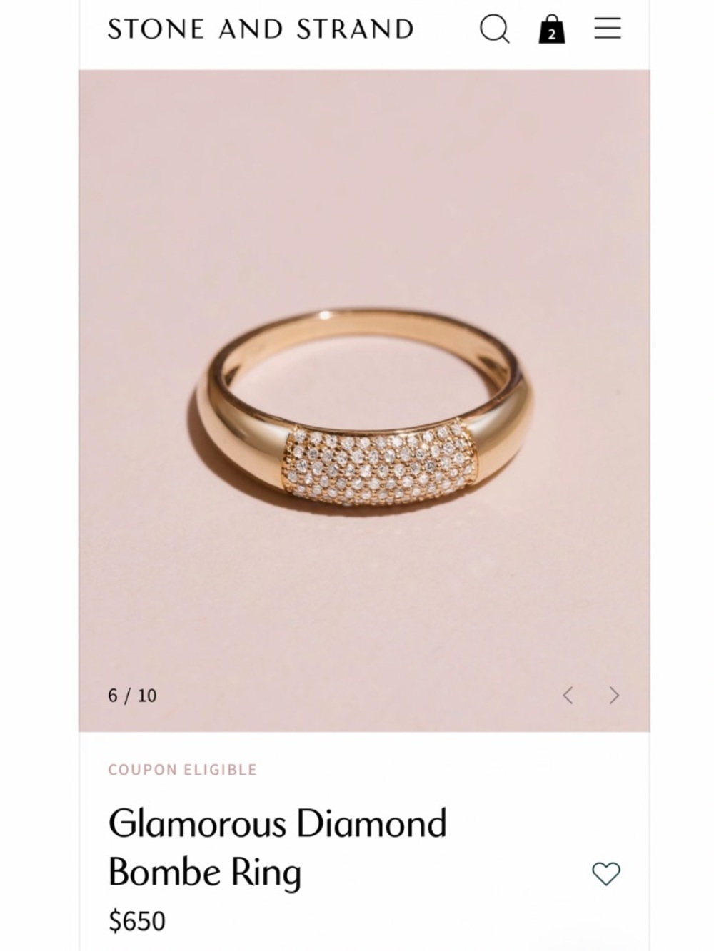 Stone and strand Gold Pave Diamond Bombe Ring size 6 10k yellow gold